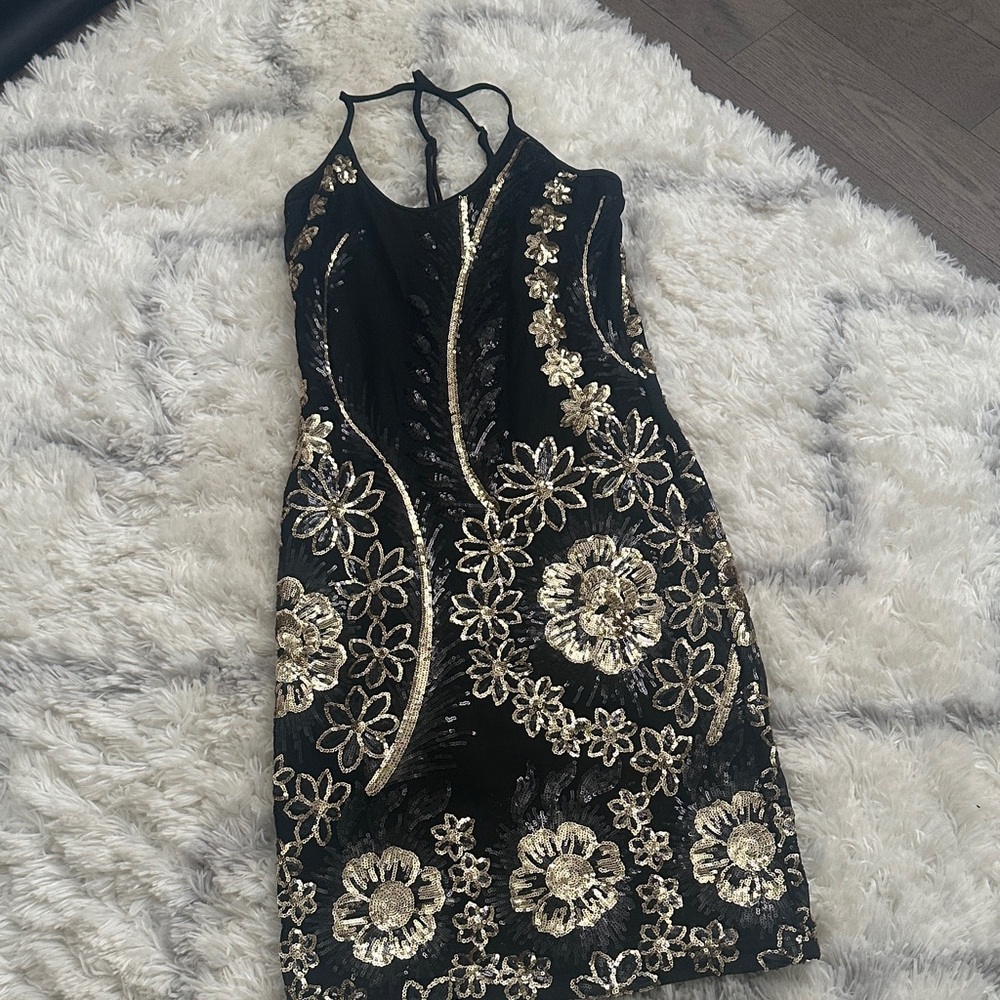 Banjul Black Halter Mini Dress with Gold Floral Sequins